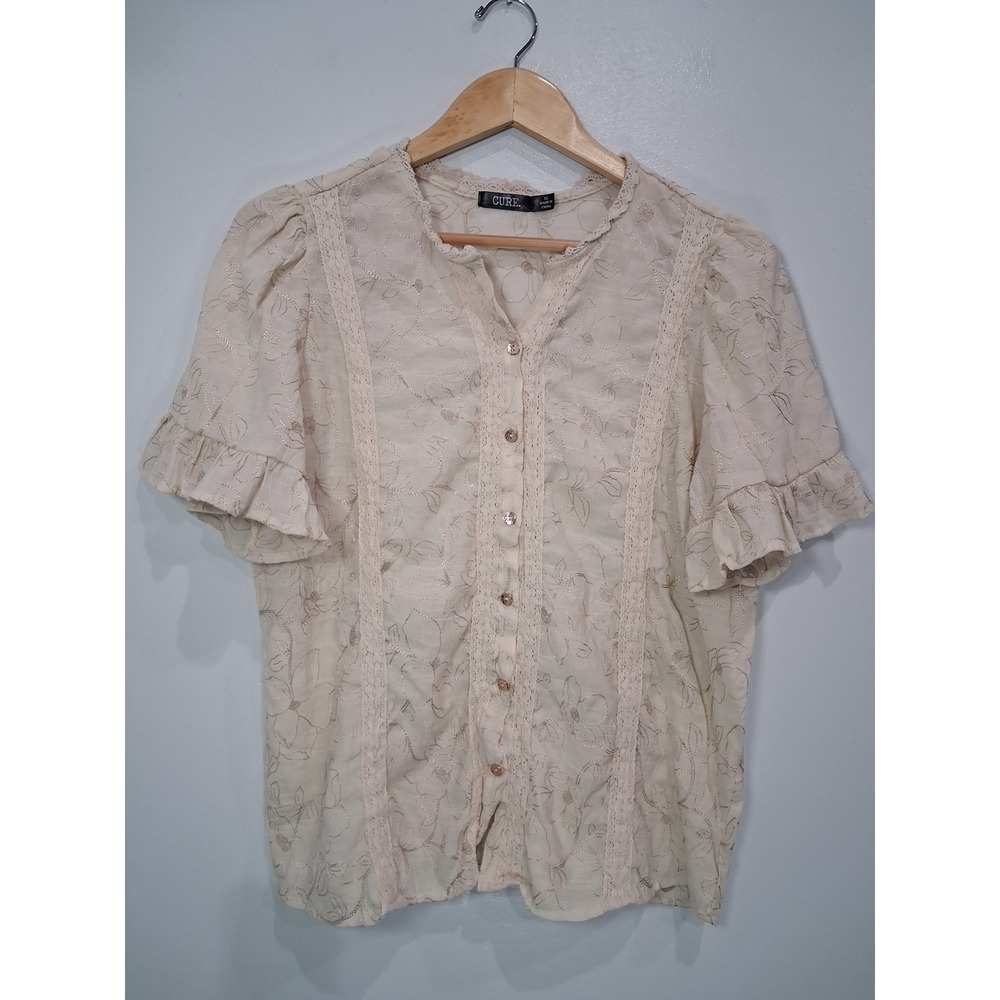 CURE. Women Cream Floral Embroidered Lace Trim Ruffle Sleeve Blouse XL M2-5633